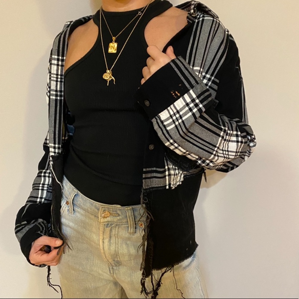 Upcycled plaid and denim shirt - Picture 1 of 8